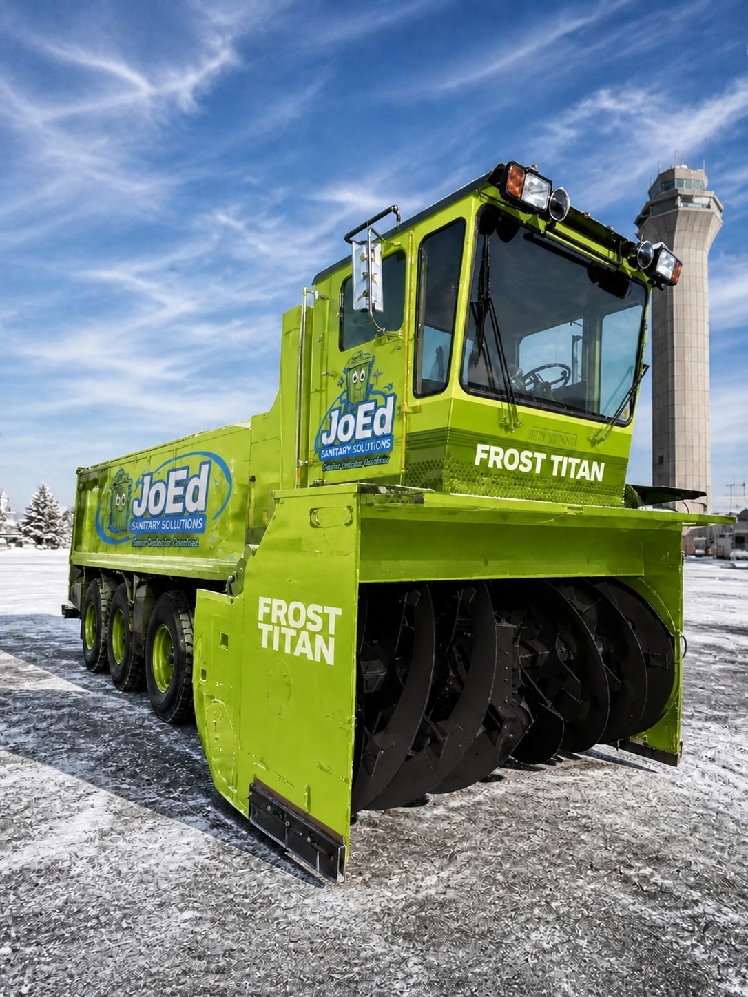 Frost Titan Kodiak snowblower in JoEd lime-green livery at airport apron