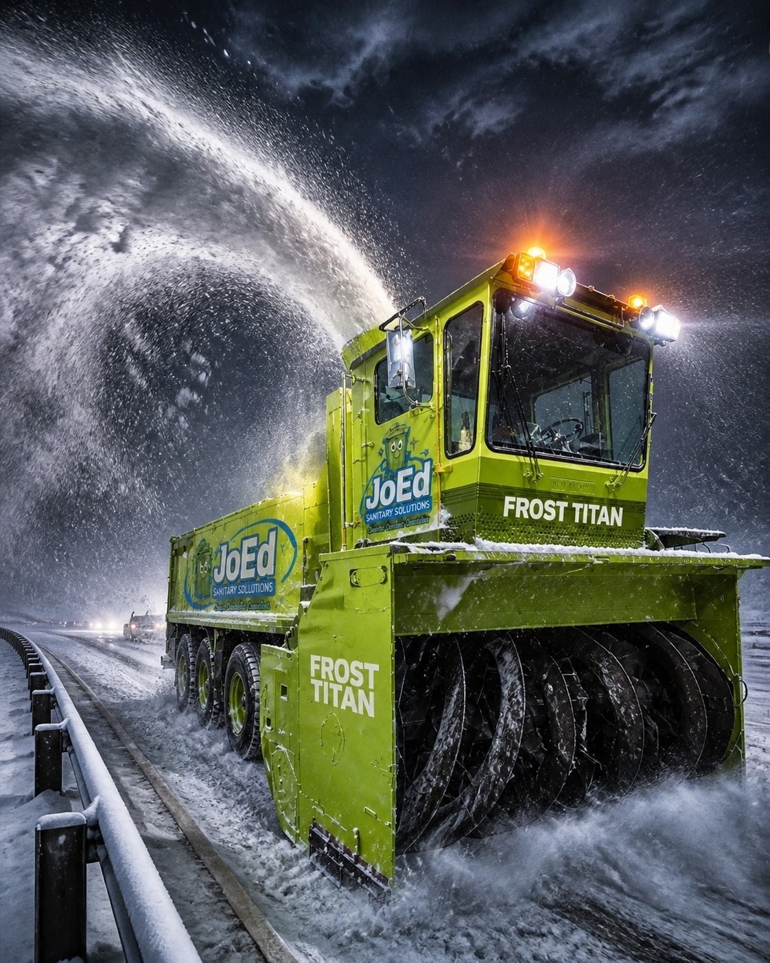 Frost Titan snowblower clearing highway in winter storm